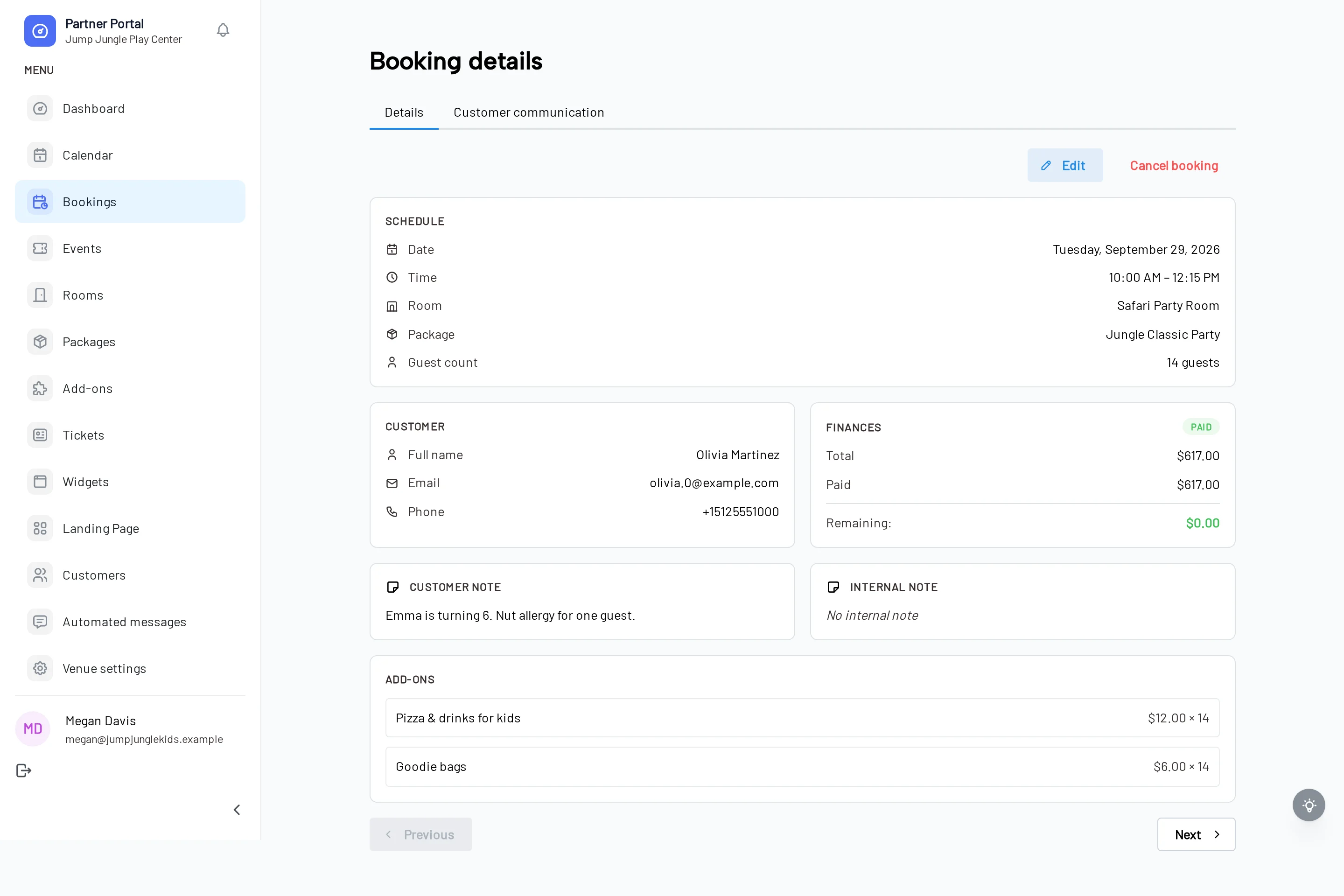 Booking details with schedule, customer, add-ons, and a paid $617 total